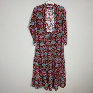 KLEED Floral Block Print Maxi Dress Women S/M Kimono Inspired Tiered Cotton Boho